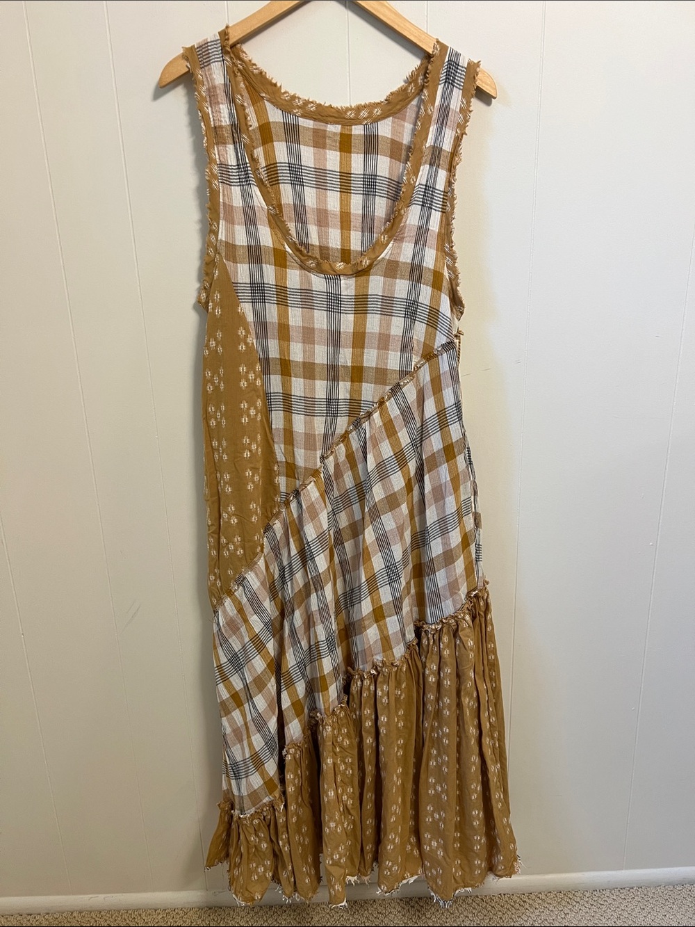 Free People No Stress Billowy Sleeveless Plaid Patchwork Raw Edge Midi Dress M - Picture 4 of 13